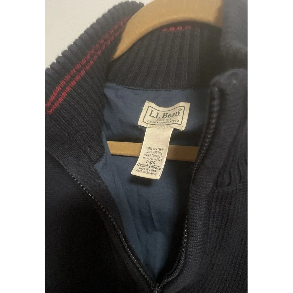 Mens Large LL Bean Cotton Knit 1/4 Zip Navy Sweater Heavy Weight Fully Lined